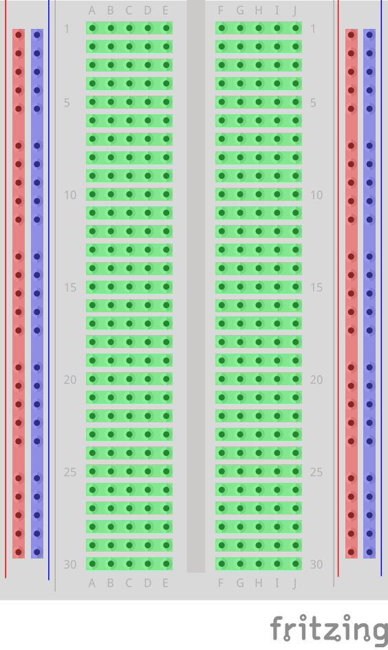 Breadboard with connections highlighted